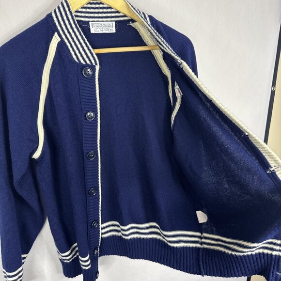 Vintage Sears Varsity Cardigan Navy Blue Striped Trim Button Front Men’s 44 - Picture 6 of 7